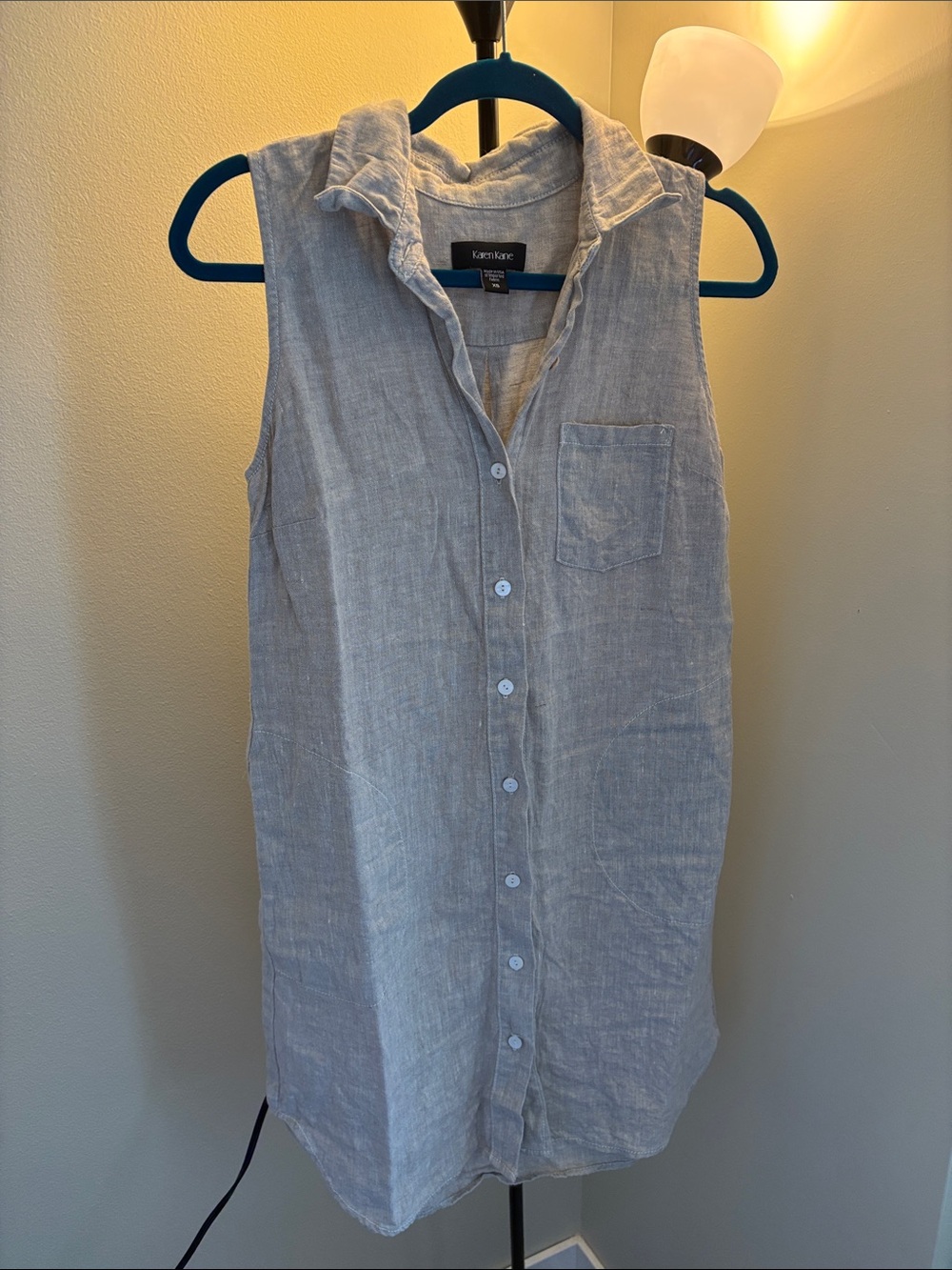 Karen Kane Light Beige Sleeveless Linen Button-Up Dress